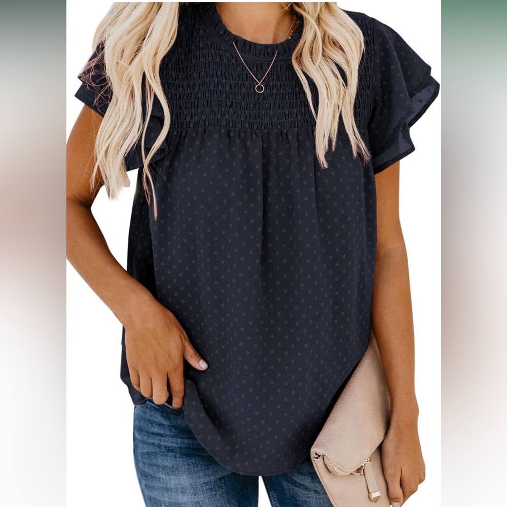 Dokotoo Womens Crewneck Lace Crochet Pom Pom Flowy Short Sleeve Casual Blouse